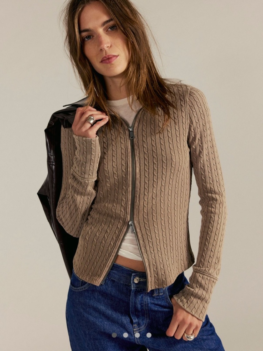 Free people Taupe Cable-Knit Zip Cardigan